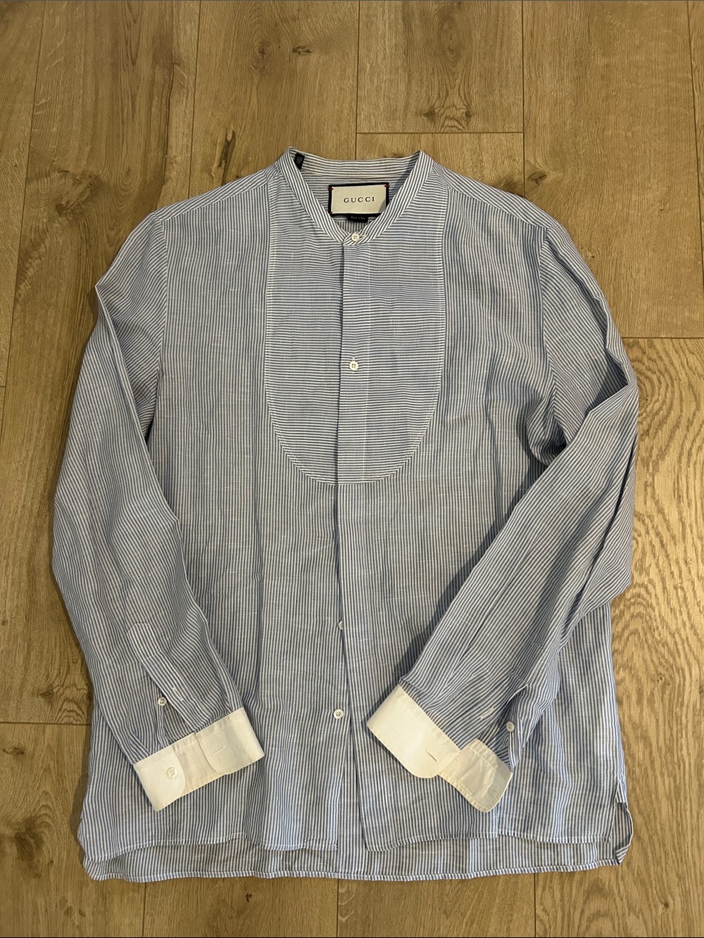Gucci Cotton & Linen Shirt w/ "GUCCI" on Mandarin Club collar - Size 42 or 16.5